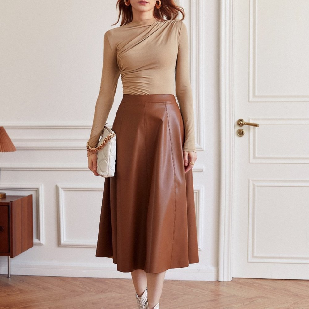 Brand New High Waist PU Leather Flare Skirt Rust Brown